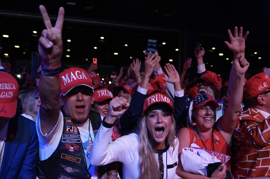 Supporters watch returns at election watch party for President-elect Donald Trump at the Palm Beach Convention Center, Wednesday, Nov. 6, 2024, in West Palm Beach, Fla.